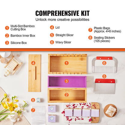 SucceBuy Soap Making Kit Bamboo Cutting Box and Inner Box with Silicone Mold Stainless Steel Straight Cutter and Wavy Cutter