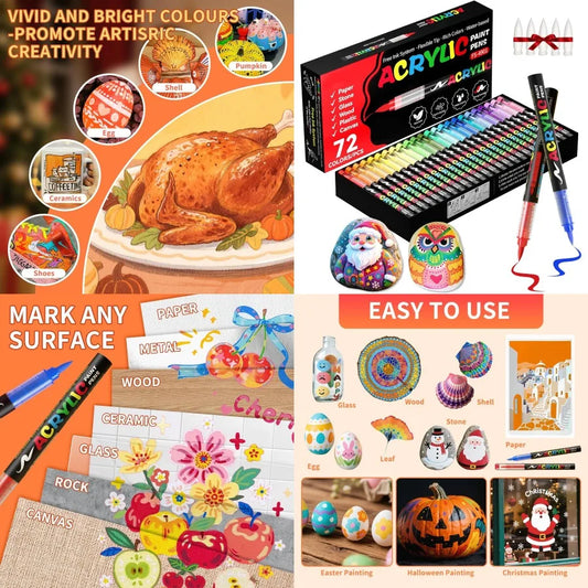 72 Colors Acrylic Paint Markers with Soft Brush Tip for Wood Fabric Canvas Glass Stone Rock Painting