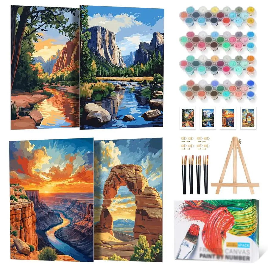 Pack Framed Paint by Numbers Kit with Wooden Easel, National Park with Frame, DIY Acrylic