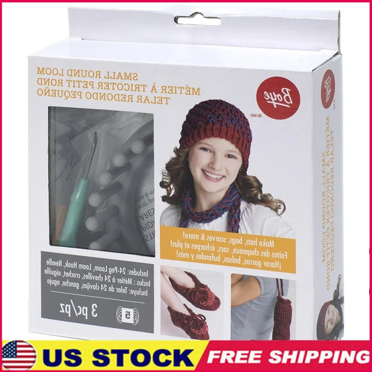 24-Peg Round Loom Kit with Hook Needle Crafting Hats Bags Scarves Easy Instructions Ages 8 and Up