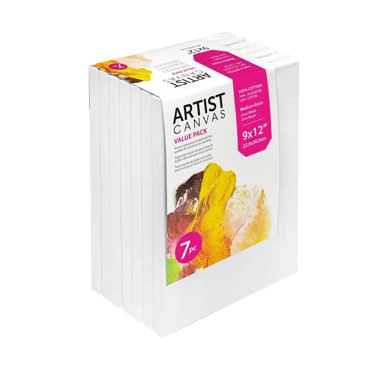Studio Stretched Canvas, 9"X12", 7 Pack, 100% Cotton Acid Free, White