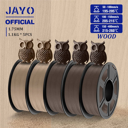 JAYO Wood PLA Filament 1.75mm 5Rolls 15% Real Wood Fiber 3D Filament For FDM 3D Printers