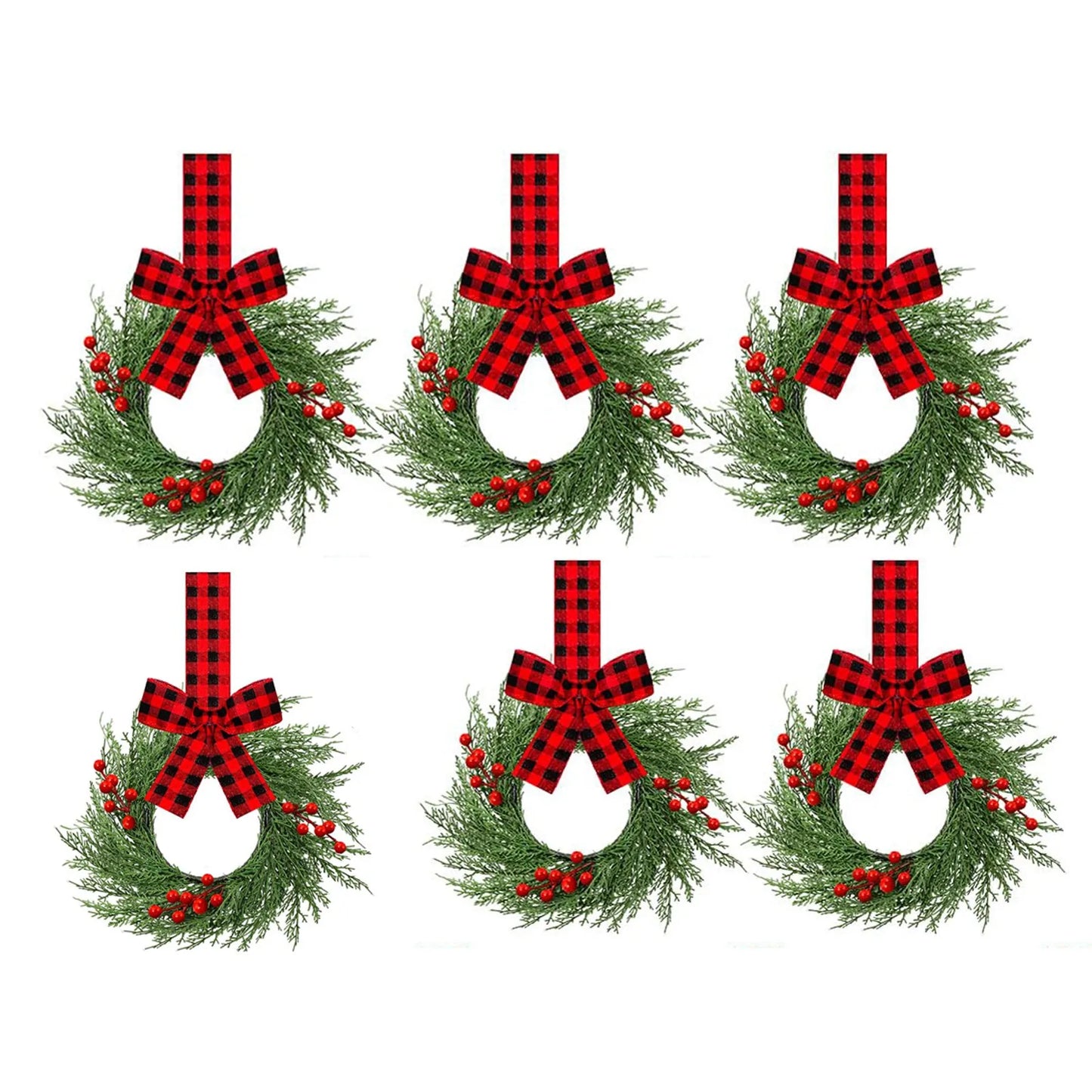 6pcs Holiday Decoration Red Plaid Ribbon Wreath Christmas Door Hanging Green Branch Wreath Set Red Berry