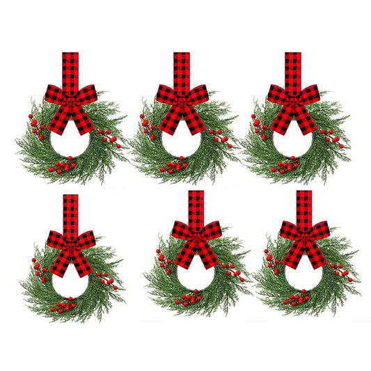 6pcs Holiday Decoration Red Plaid Ribbon Wreath Christmas Door Hanging Green Branch Wreath Set Red Berry