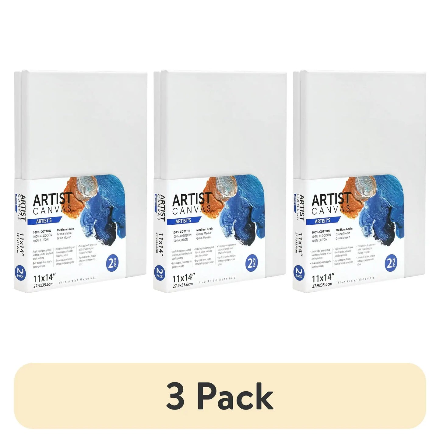 (3 pack) Artist Stretched Canvas, 11"X14", 2 Pack, 100% Cotton Acid Free, White, Deluxe Canvas