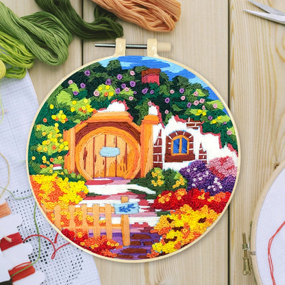 Landscape Stamped Cross Stitch Embroidery Kits with Hoop Cloth Color Thread