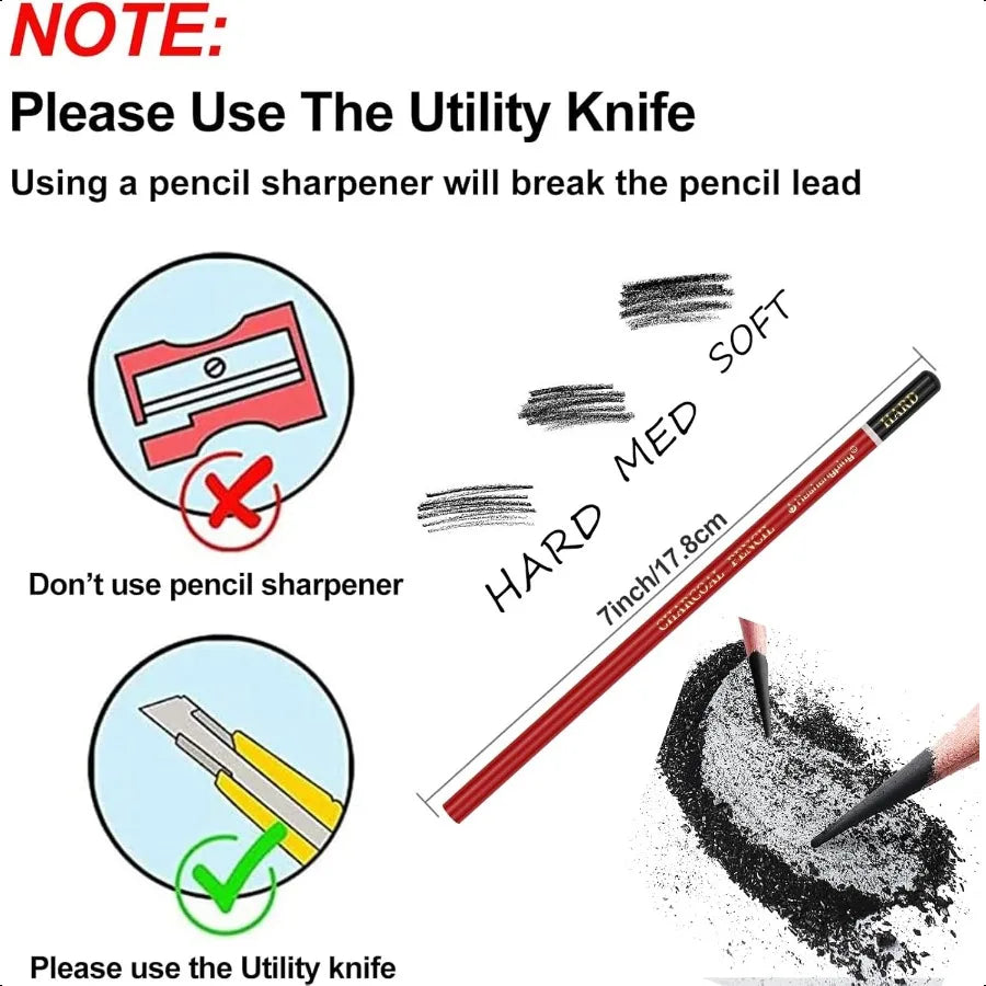 Profional Charcoal Pencils for drawing Set of 6 Black Charcoal Soft Medium Hard Art plies for Drawing Sketching