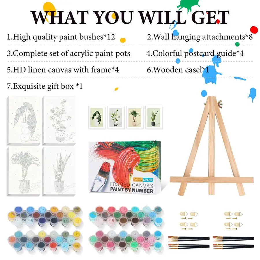 4 Pack Framed Paint by Numbers Kit with Wooden Easel, DIY Green Plant with Frame