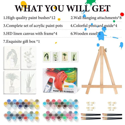 4 Pack Framed Paint by Numbers Kit with Wooden Easel, DIY Green Plant with Frame