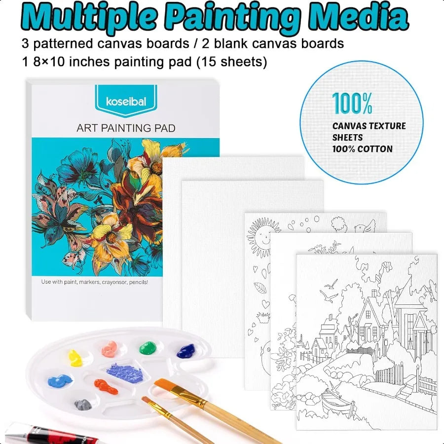 Acrylic Paint Set Kit with 18 Paints 5 Canvas Panels 8 Brushes Table Easel Premium