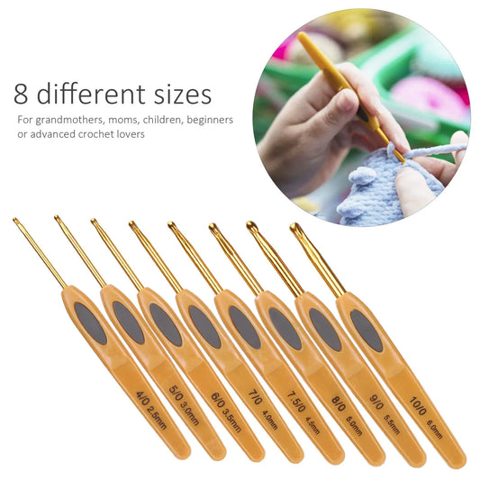 8pcs Crochet Hook Knitting Tools Aluminum Ergonomic Sweater Needles Brown Plastic Handle