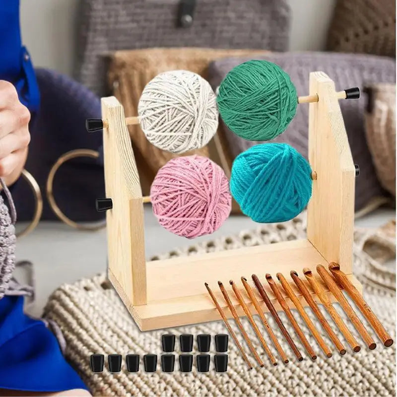 Yarn Holder Dispenser Wood Crochet Spool Holder Double-Rotating Portable Yarn Storage