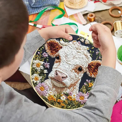 Beginner Embroidery Kit Cow Daisy Flower Embroidery Punch Needle Kit Colorful Handmade Craft Set Includes Embroidery Hoop Cloth