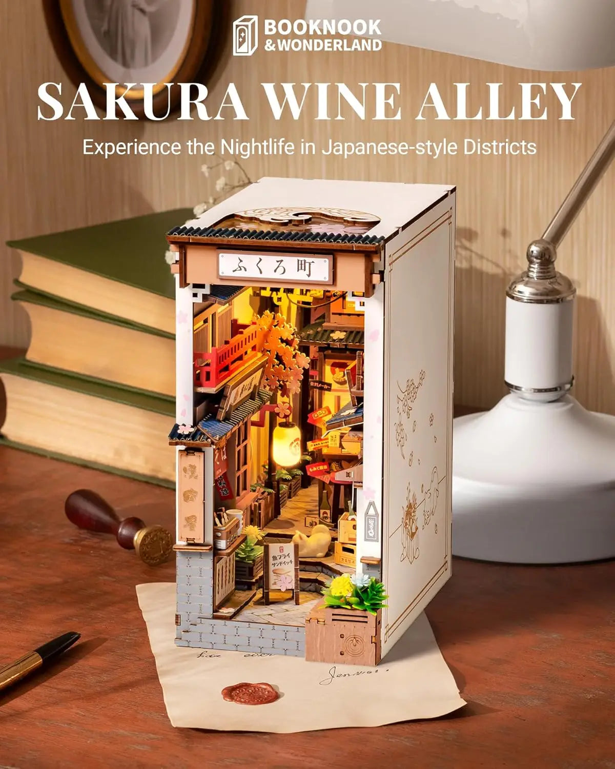 Robotime Sakura Wine Alley Booknook with Lights DIY Miniature Dolls House Kit 3D Wooden Puzzle Bookend Bookshelf