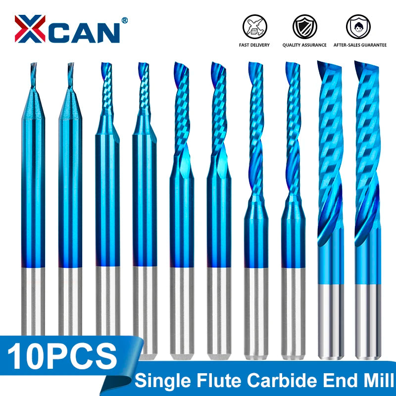 XCAN Single Flute Spiral Milling Cutter Set 1-3.175mm 10Pcs Shank CNC End for Wood MDF PVC