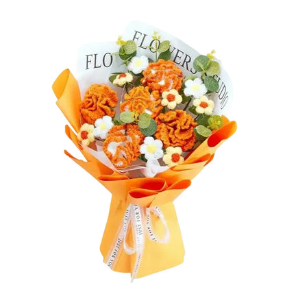 Crochet Flowers Bouquet, Eternal Carnation with Eucalyptus Leaves Artificial Handmade Knitted Bouquet