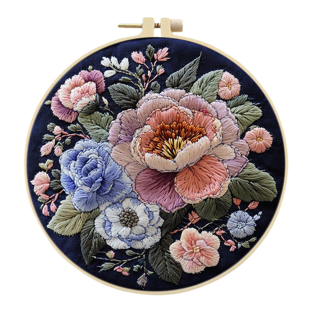 Flower Stamped Cross Stitch Embroidery Kits with Hoop Cloth Color Thread
