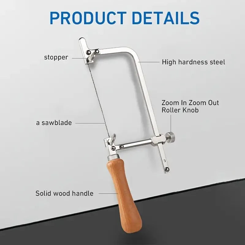 Professional jeweler saw set, adjustable U-shaped saw bow with 12 saw blades, handmade jeweler saw frame with wooden handle