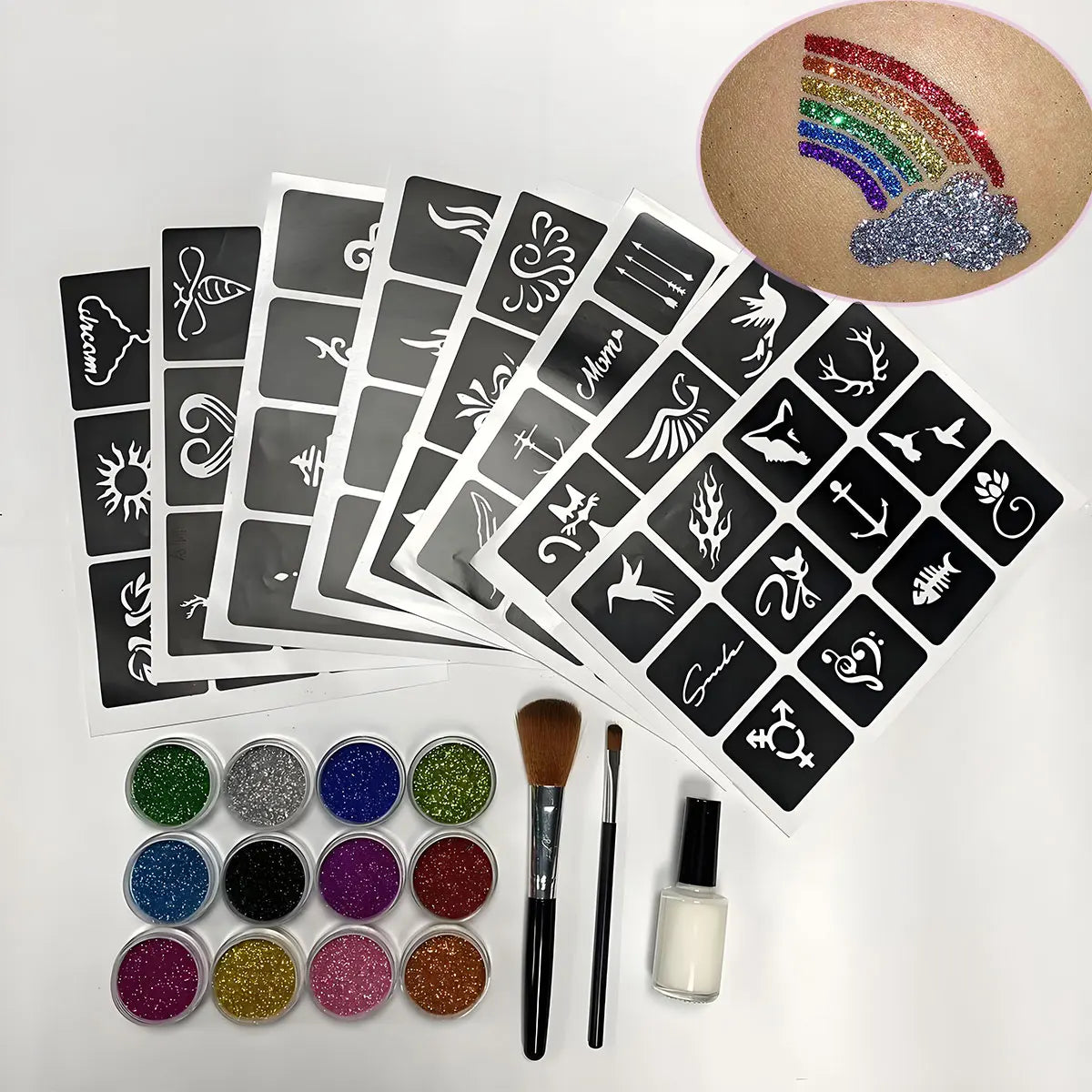 Temporary Glitter Tattoo Set, 12 Fun Colors for Body Painting, with 8 Unique Template Designs and Applicator Brushes, Easy to Apply and Remove, Qla-Zh012