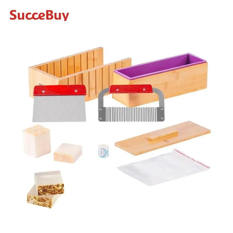 SucceBuy Soap Making Kit Bamboo Cutting Box and Inner Box with Silicone Mold Stainless Steel Straight Cutter and Wavy Cutter