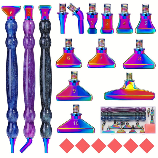 Glitter Gourd Shaped Plastic Pen Metal Drill Bits,6pcs Red Glue,1pc Plastic Box Threaded Diamond Painting Dot Drill Tool Set