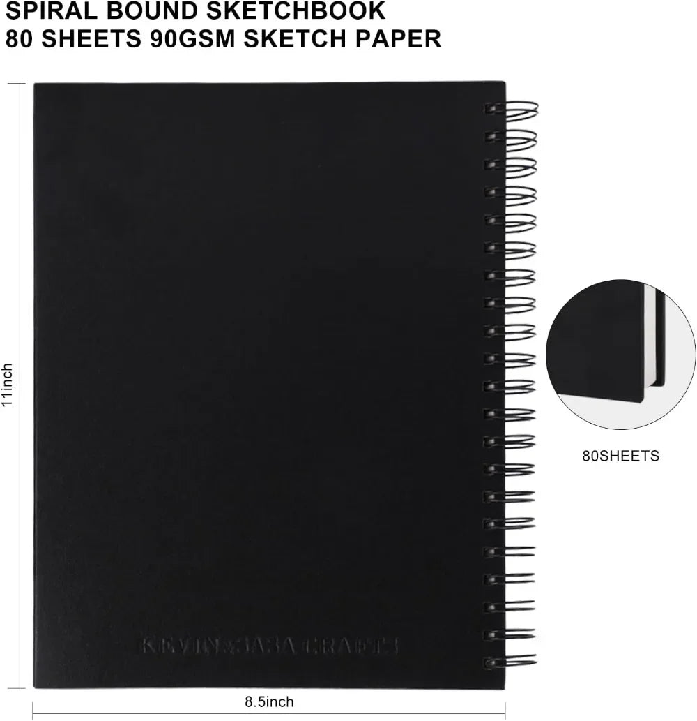 8.5x11 inch hardcover spiral bound sketchbook, 80 sheets of 90gsm inner paper, acid-free