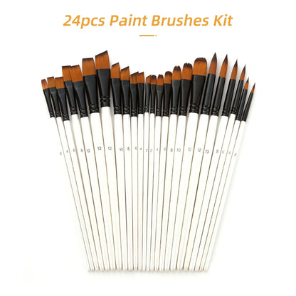 24pcs Draw Paint Brushes Set Kit Round with Nylon Hair