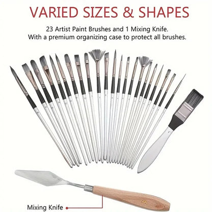 Professional 24-Piece Artist Paint Brush Set - Assorted Flat, Round, Fan & Detail Brushes with Premium Soft Bristles, Wooden Han