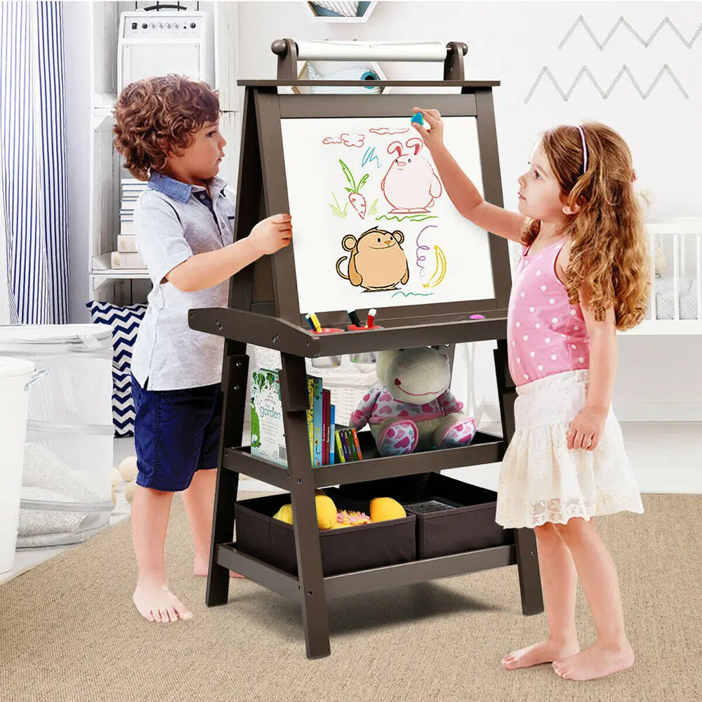 3 in 1 Double-Sided Storage Art Easel w/ Paint Cups Coffee