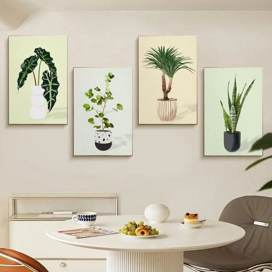 4 Pack Framed Paint by Numbers Kit with Wooden Easel, DIY Green Plant with Frame