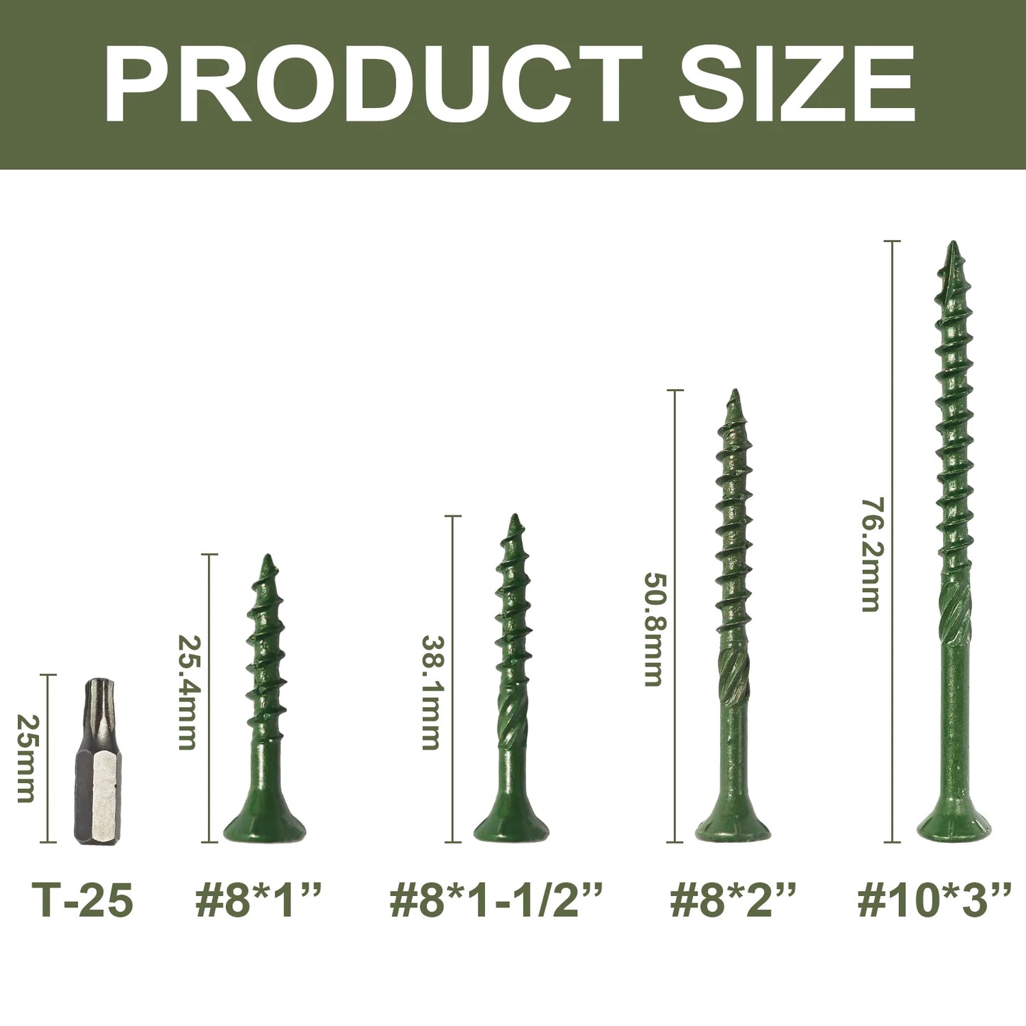 Deck Wood Screws Carbon Steel Green Anti Rust Coating TORX Star Drive Threaded - Free T25  (3 Sizes: #10x3", 8x1.5", 8x2" )