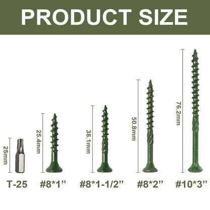 Deck Wood Screws Carbon Steel Green Anti Rust Coating TORX Star Drive Threaded - Free T25  (3 Sizes: #10x3", 8x1.5", 8x2" )