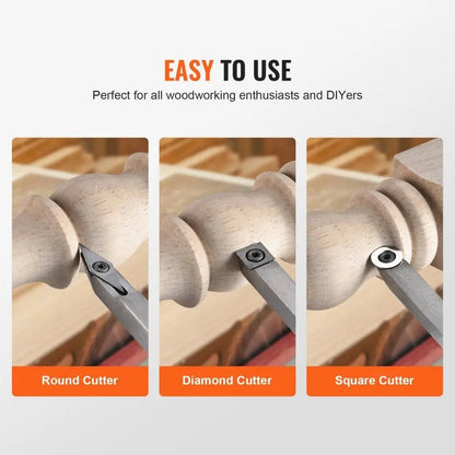 Wood Lathe Chisel Set 3PCS Carbide Woodworking Square Round Diamond Blades with 7.87 Inch