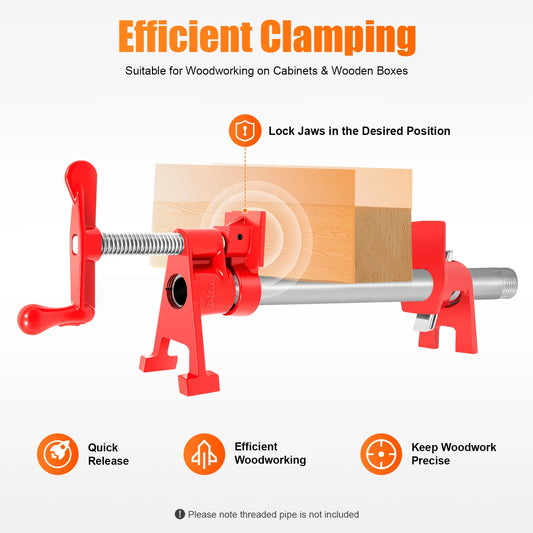 Wood Gluing Pipe Clamp Set for Woodworking Cast Iron Red 4 Pieces Countertop Painting Plastic Spraying 19cm Total Length