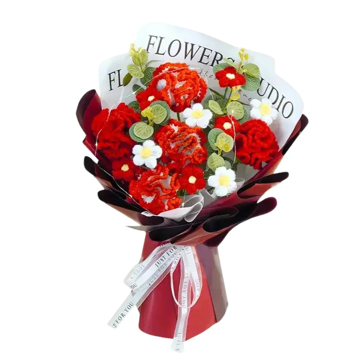 Crochet Flowers Bouquet, Eternal Carnation with Eucalyptus Leaves Artificial Handmade Knitted Bouquet