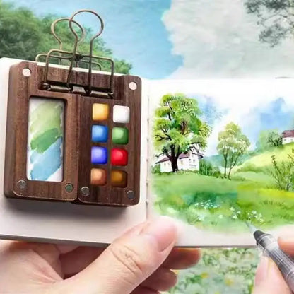 Travel Set Palette Sketch Book Watercolor Paints Pens with Binder Clips