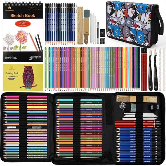 100 Art plies Drawing Kit Pro Drawing plies Set has 3Color Sketchbook Coloring book Graphite Colored Charcoal Watercolor Pencil
