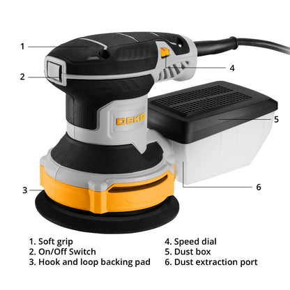 DEKO 300W Orbital Sander Sanding 14000RPM 16 Pieces Sandpaper 125 mm Pad Dust Collector