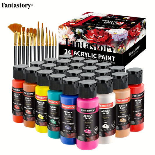 Fantastory 60ml Acrylic Paint Set, Professional Craft Paint With 12 Brushes, Glass/Stone/Wood Painting