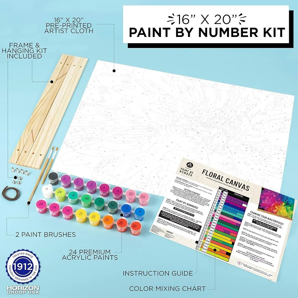 Paint by Numbers Kit Floral Design Canvas 16x20 Includes Wooden Frame Acrylic Paints Paintbrushes