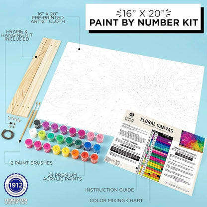 Paint by Numbers Kit Floral Design Canvas 16x20 Includes Wooden Frame Acrylic Paints Paintbrushes