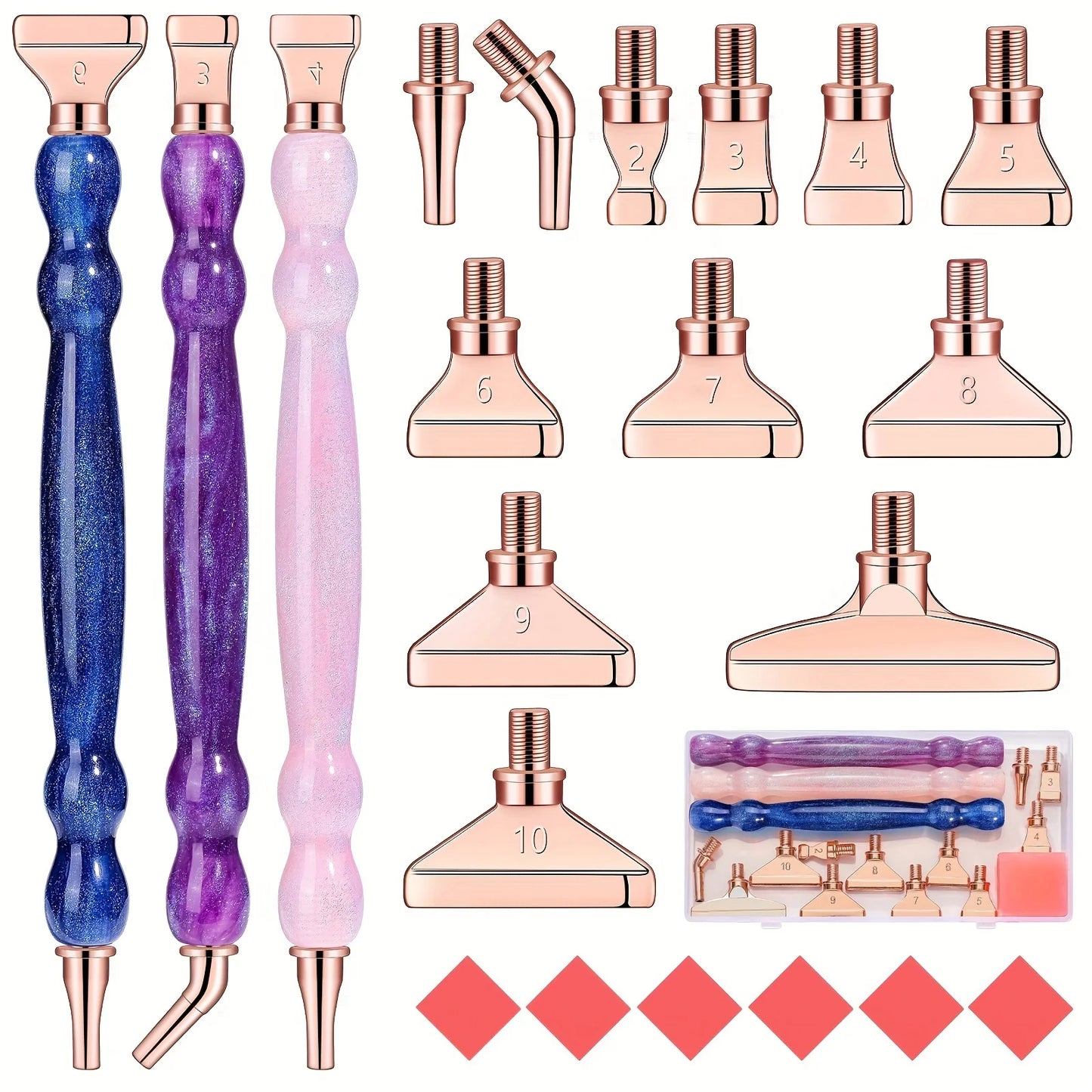 Glitter Gourd Shaped Plastic Pen Metal Drill Bits,6pcs Red Glue,1pc Plastic Box Threaded Diamond Painting Dot Drill Tool Set