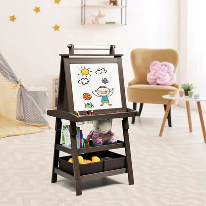 3 in 1 Double-Sided Storage Art Easel w/ Paint Cups Coffee