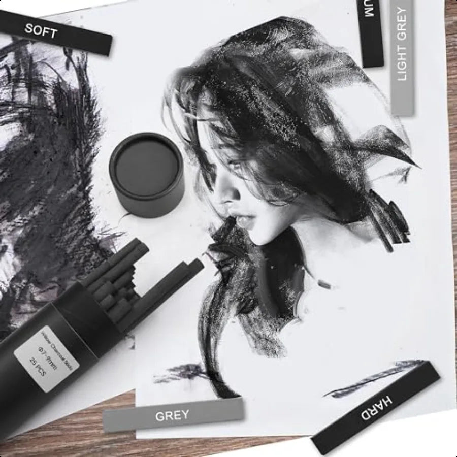 24 Pcs Compressed Charcoal Sticks with Soft Medium Hard and White Charcoal Square Vine Charcoal Stick Kit