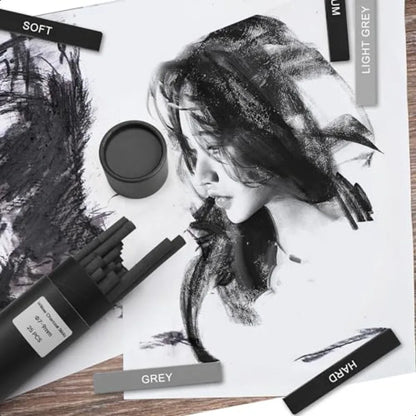 24 Pcs Compressed Charcoal Sticks with Soft Medium Hard and White Charcoal Square Vine Charcoal Stick Kit