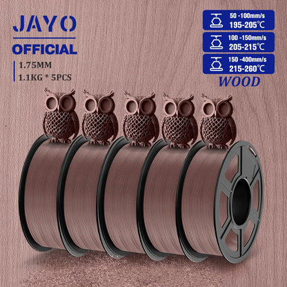 JAYO Wood PLA Filament 1.75mm 5Rolls 15% Real Wood Fiber 3D Filament For FDM 3D Printers