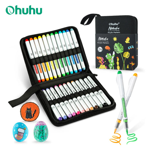 Ohuhu Direct-ink Acrylic Markers 24 Colors Acrylic Paint Markers Direct Liquid Flexible Brush Tip High Opacity