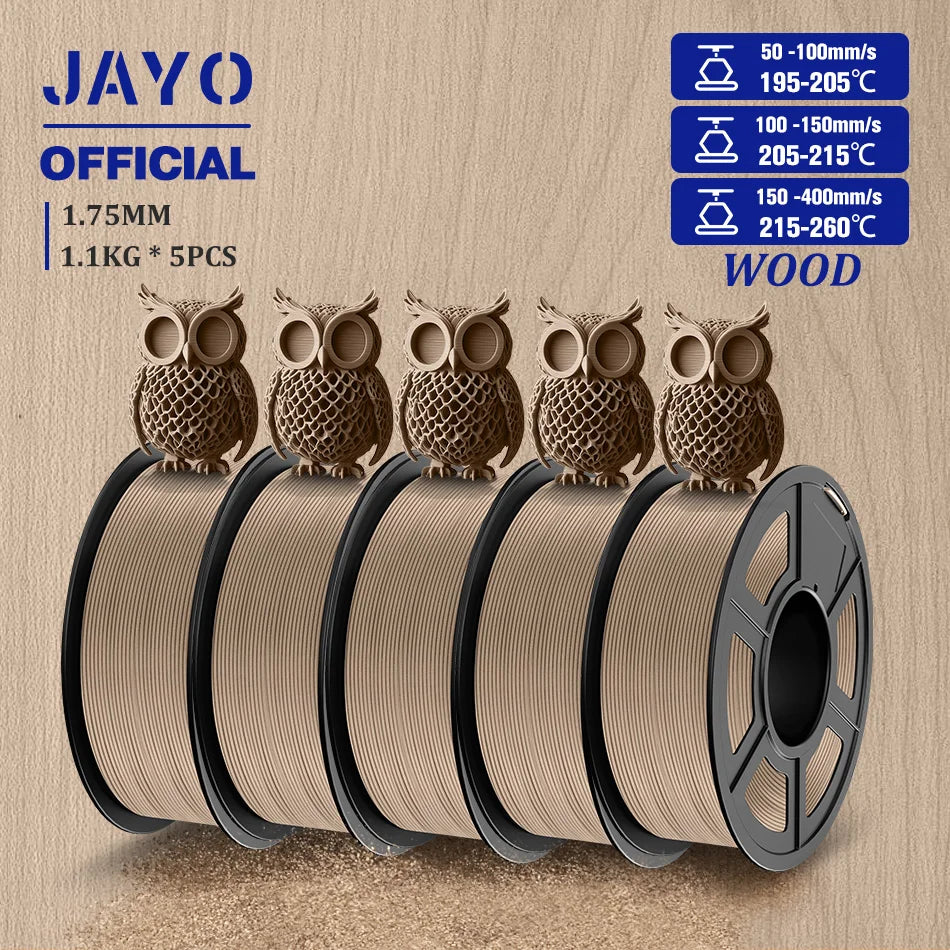 JAYO Wood PLA Filament 1.75mm 5Rolls 15% Real Wood Fiber 3D Filament For FDM 3D Printers