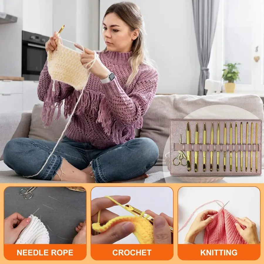 Tunisian Crochet Hooks Set with Cable, 12Pcs GoldPlated Aluminium Interchangeable Afghan Tunisian Crochet Hook 3mm10mm