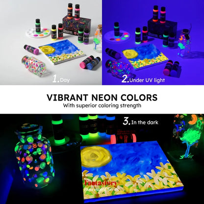 Fantastory 10PCS 2-in-1 Glow in the Dark Acrylic Paint Set, 60ml/2oz Waterproof for Wood, Fabric